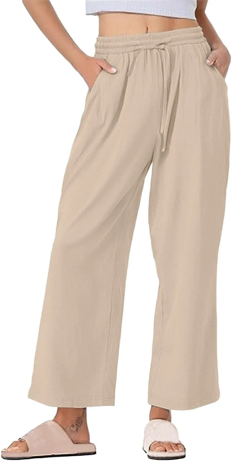 Women Casual Cotton Linen Pants Summer Drawstring Elastic Waist Solid Plus Size Lounge Long Jogger Trouser with Pocket