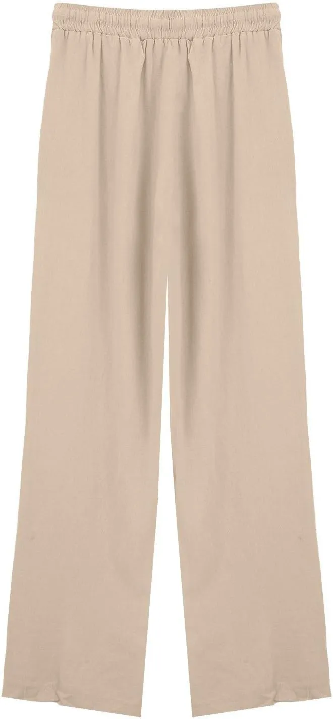 Women Casual Cotton Linen Pants Summer Drawstring Elastic Waist Solid Plus Size Lounge Long Jogger Trouser with Pocket