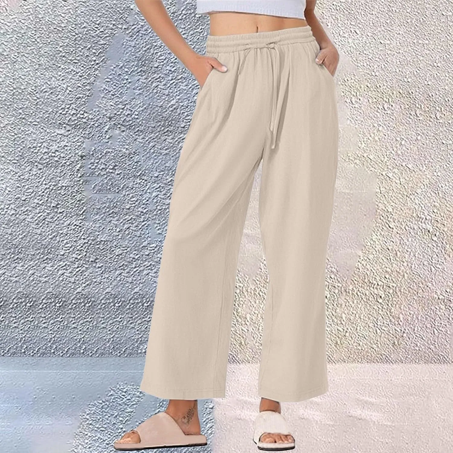 Women Casual Cotton Linen Pants Summer Drawstring Elastic Waist Solid Plus Size Lounge Long Jogger Trouser with Pocket