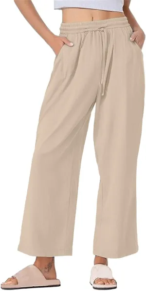 Women Casual Cotton Linen Pants Summer Drawstring Elastic Waist Solid Plus Size Lounge Long Jogger Trouser with Pocket