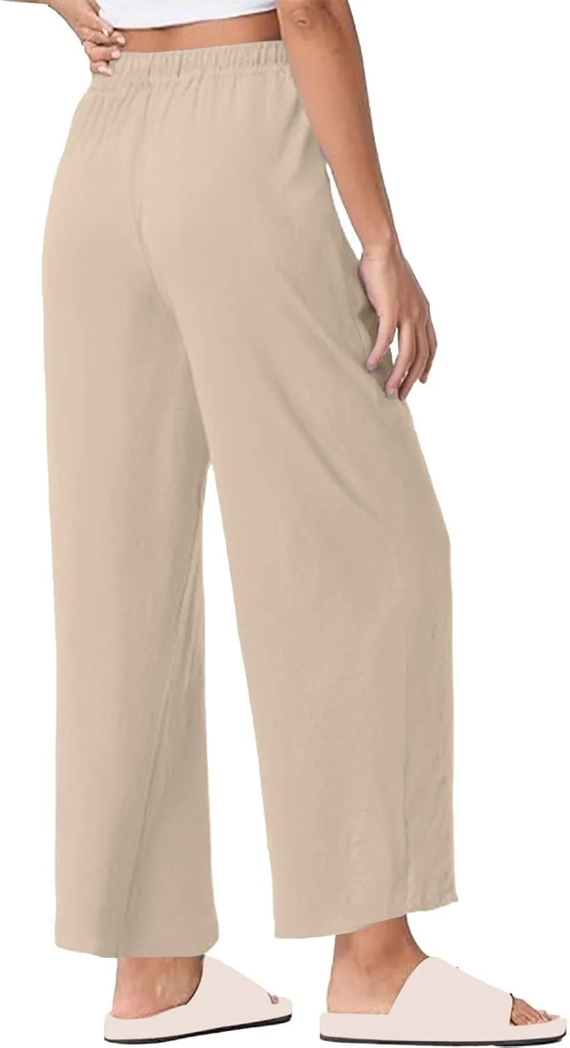 Women Casual Cotton Linen Pants Summer Drawstring Elastic Waist Solid Plus Size Lounge Long Jogger Trouser with Pocket