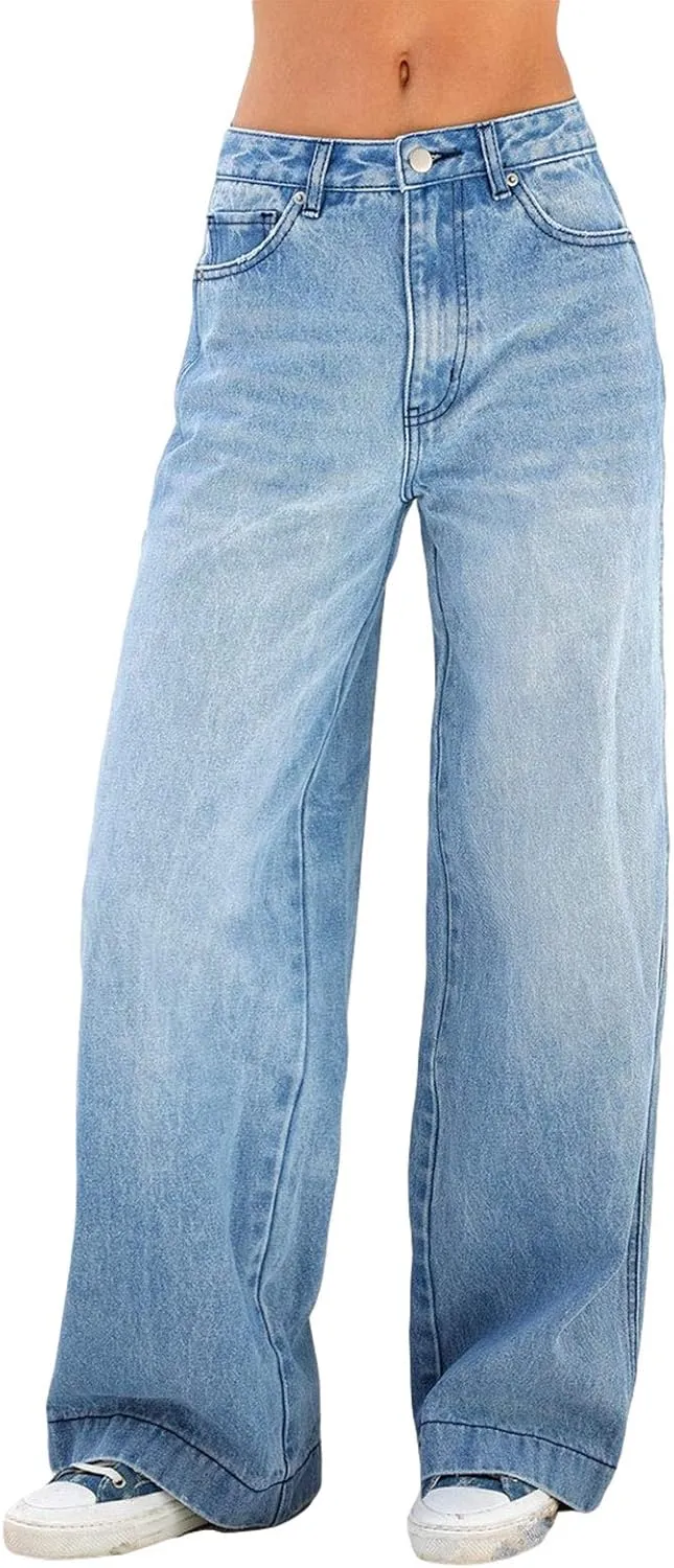Women Fashion Denim Pants High Waist Straight Leg Baggy E-Girls Boyfriend Jeans Trousers Streetwear
