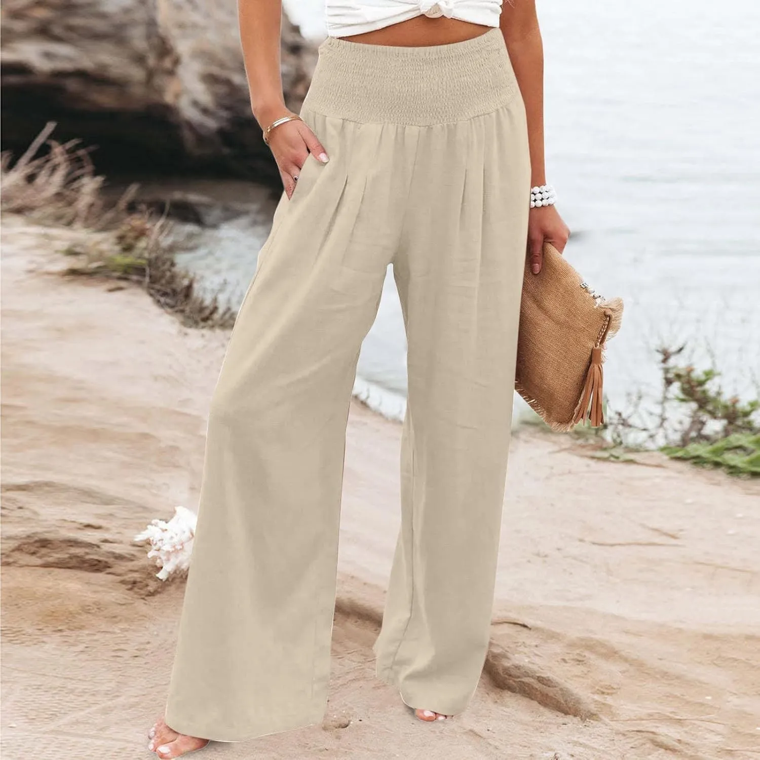 Women Linen Palazzo Pants Summer Wide Leg High Waisted Baggy Lounge Pants Trousers 2025 Beach Vacation Outfits
