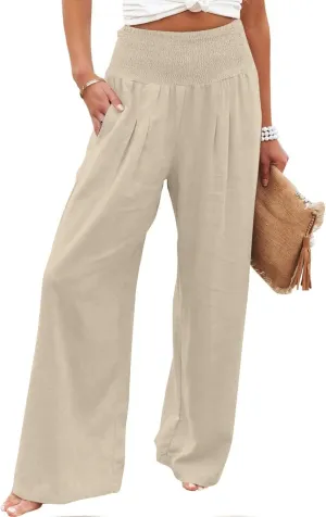 Women Linen Palazzo Pants Summer Wide Leg High Waisted Baggy Lounge Pants Trousers 2025 Beach Vacation Outfits