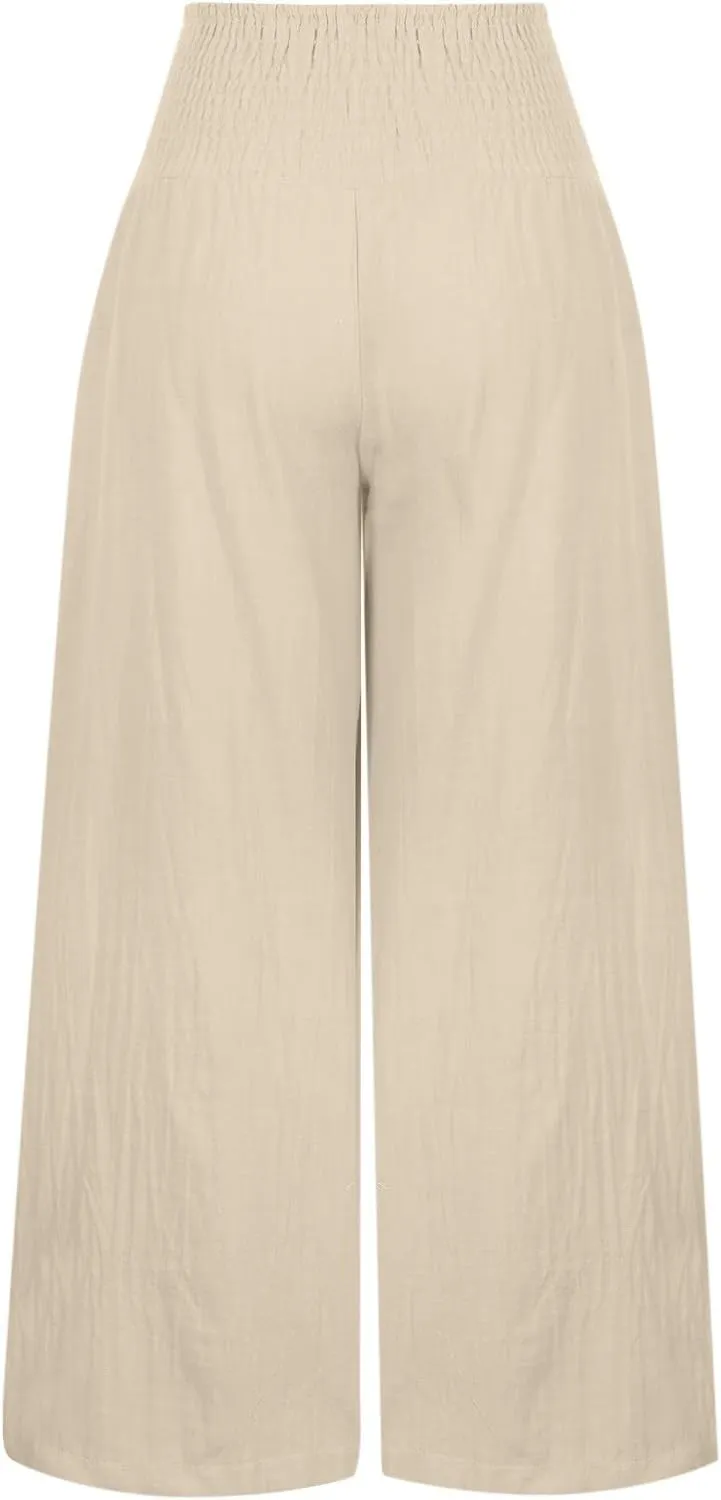 Women Linen Palazzo Pants Summer Wide Leg High Waisted Baggy Lounge Pants Trousers 2025 Beach Vacation Outfits