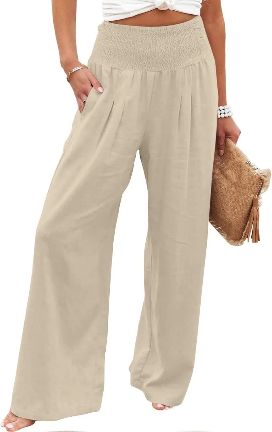Women Linen Palazzo Pants Summer Wide Leg High Waisted Baggy Lounge Pants Trousers 2025 Beach Vacation Outfits