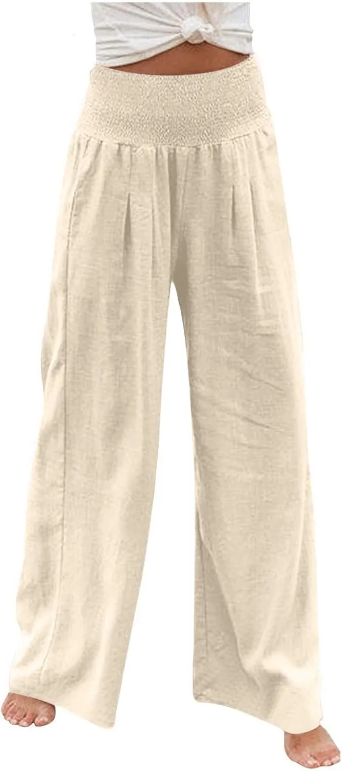 Women Linen Palazzo Pants Summer Wide Leg High Waisted Baggy Lounge Pants Trousers 2025 Beach Vacation Outfits