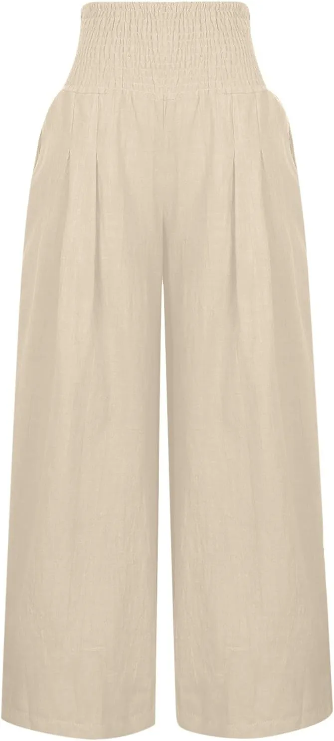 Women Linen Palazzo Pants Summer Wide Leg High Waisted Baggy Lounge Pants Trousers 2025 Beach Vacation Outfits