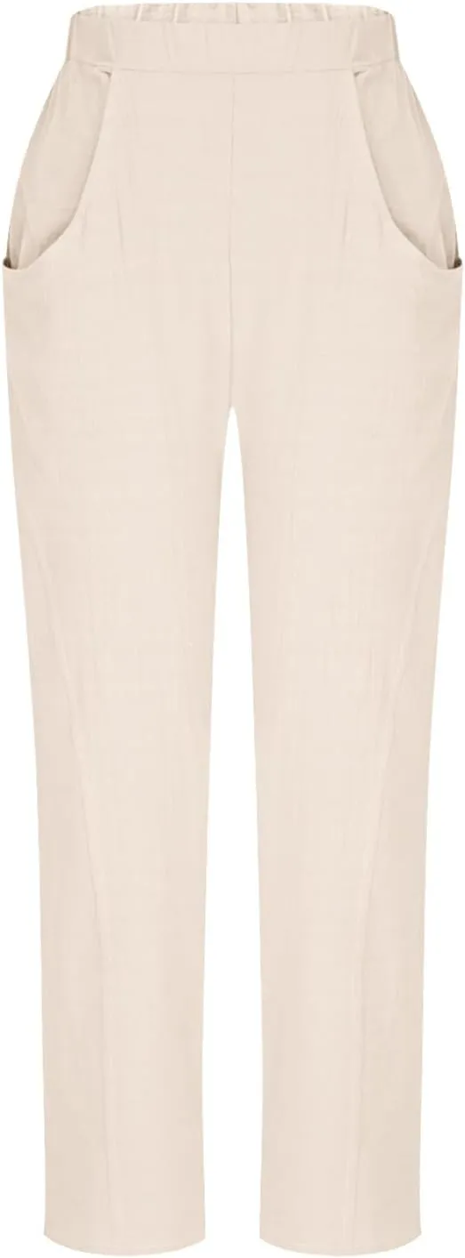 Women Linen Pants Elastic Waisted Beach Pants for Women Baggy Casual Wide Leg Palazzo Harem Trousers with Pockets