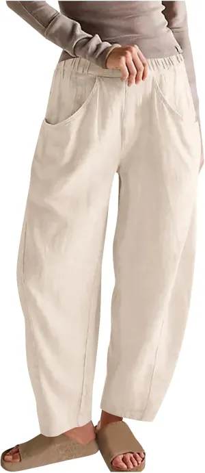Women Linen Pants Elastic Waisted Beach Pants for Women Baggy Casual Wide Leg Palazzo Harem Trousers with Pockets