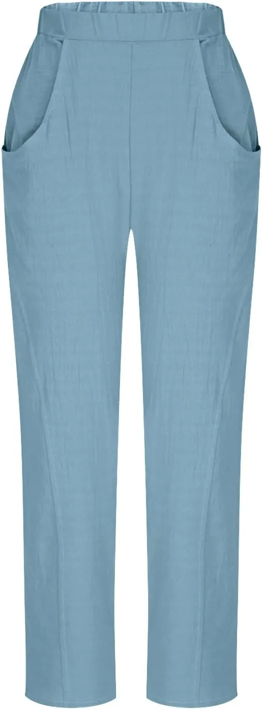 Women Linen Pants Elastic Waisted Beach Pants for Women Baggy Casual Wide Leg Palazzo Harem Trousers with Pockets