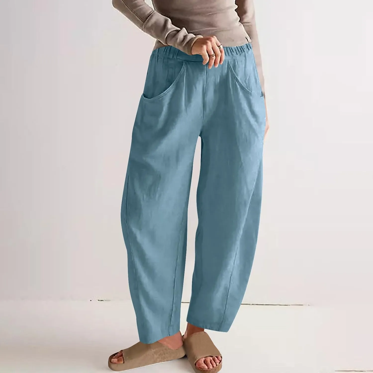 Women Linen Pants Elastic Waisted Beach Pants for Women Baggy Casual Wide Leg Palazzo Harem Trousers with Pockets