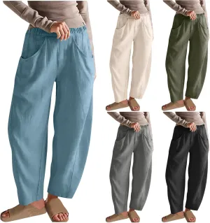 Women Linen Pants Elastic Waisted Beach Pants for Women Baggy Casual Wide Leg Palazzo Harem Trousers with Pockets