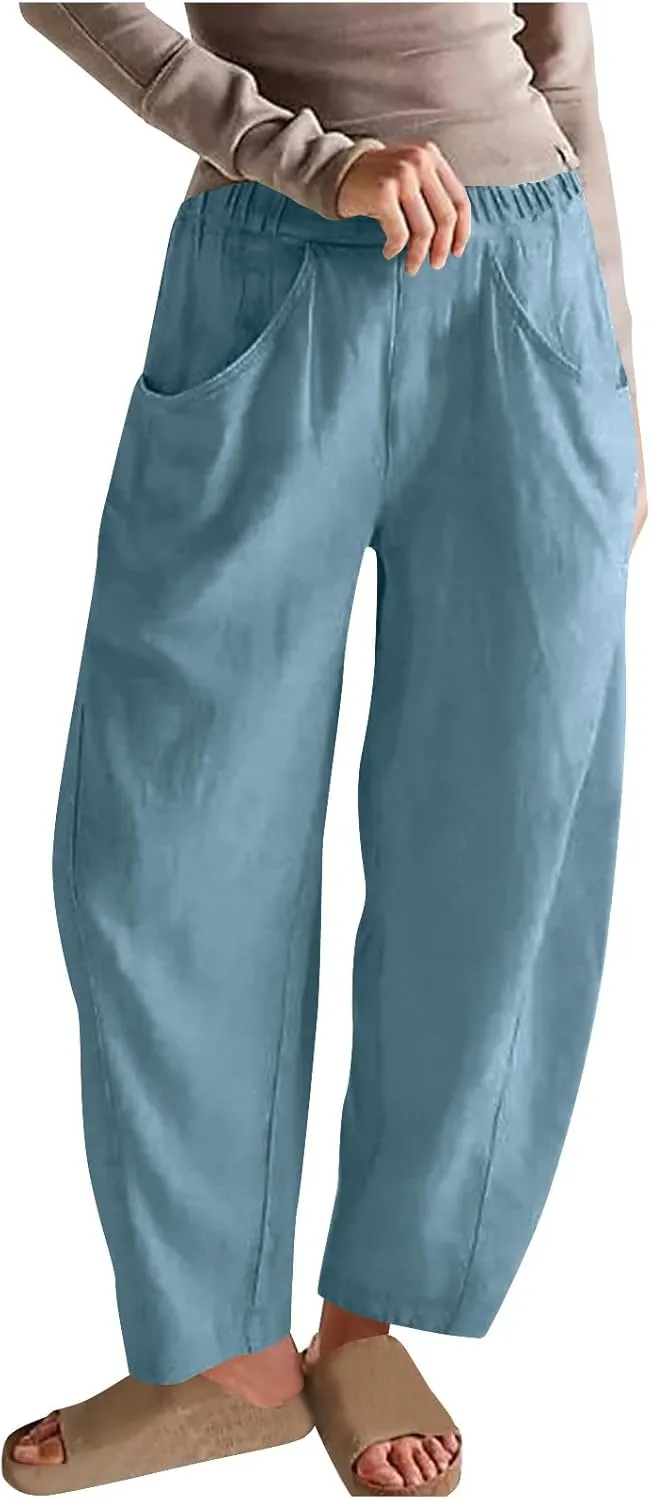 Women Linen Pants Elastic Waisted Beach Pants for Women Baggy Casual Wide Leg Palazzo Harem Trousers with Pockets