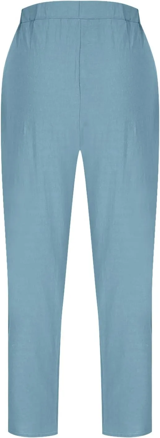Women Linen Pants Elastic Waisted Beach Pants for Women Baggy Casual Wide Leg Palazzo Harem Trousers with Pockets