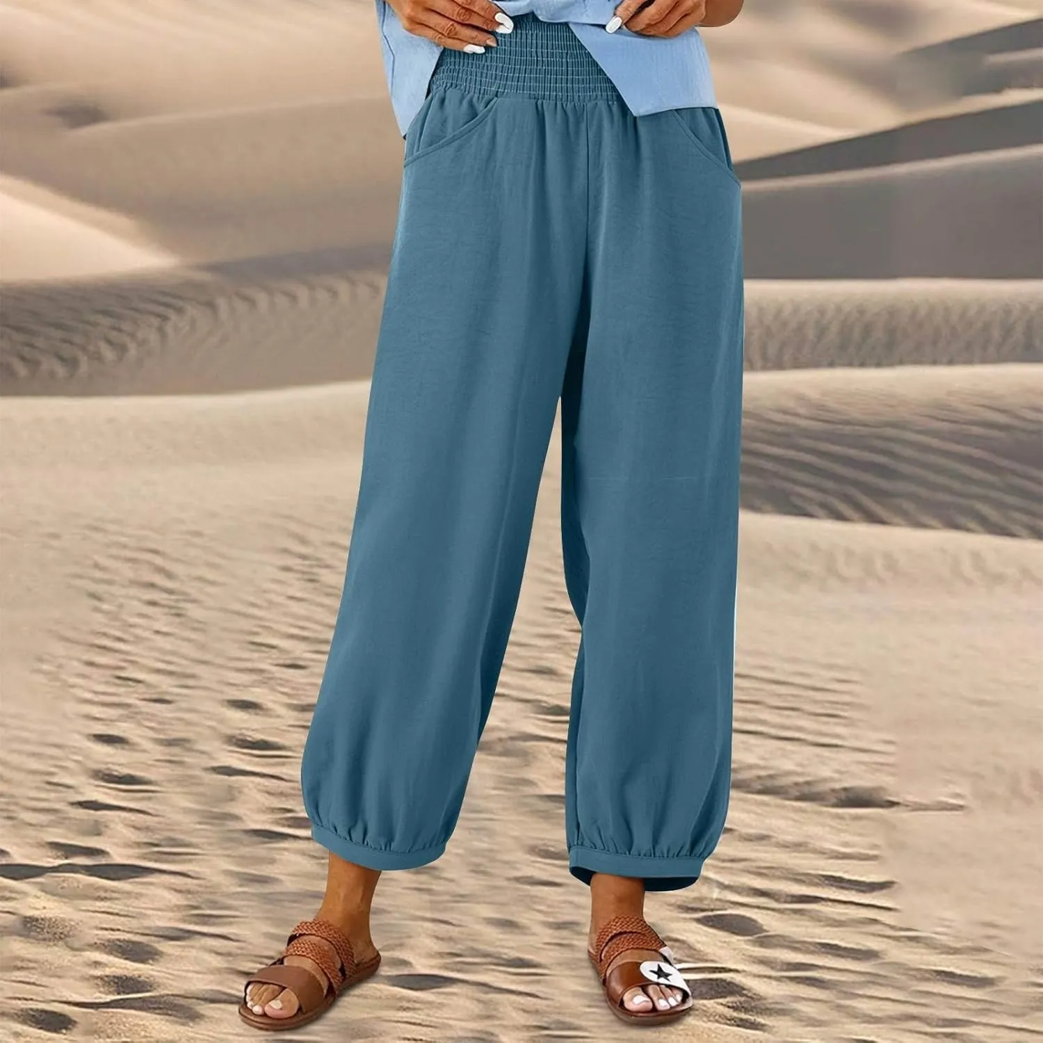 Women Linen Wide Leg Pants with Pockets Elastic Waist Loose Casual Summer Beach Vacation Solid Going Out Pants