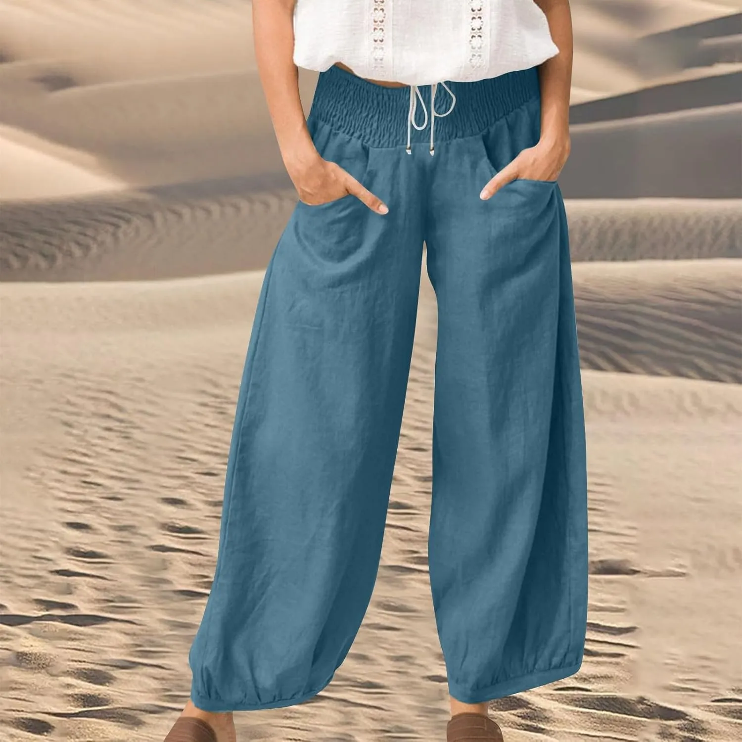 Women Linen Wide Leg Pants with Pockets Elastic Waist Loose Casual Summer Beach Vacation Solid Going Out Pants