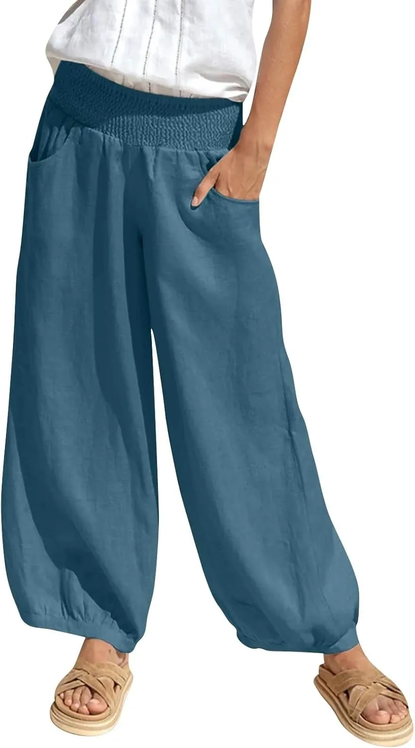 Women Linen Wide Leg Pants with Pockets Elastic Waist Loose Casual Summer Beach Vacation Solid Going Out Pants