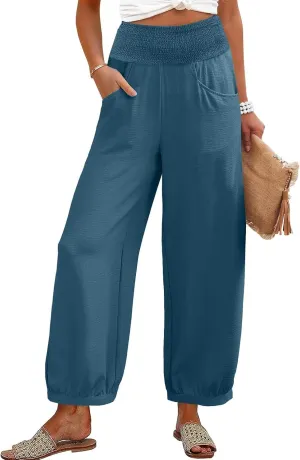 Women Linen Wide Leg Pants with Pockets Elastic Waist Loose Casual Summer Beach Vacation Solid Going Out Pants