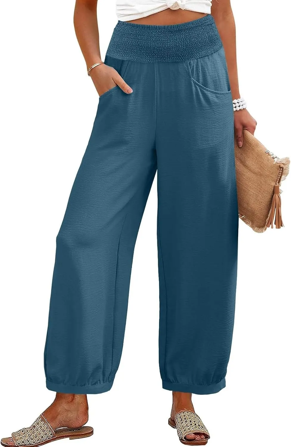 Women Linen Wide Leg Pants with Pockets Elastic Waist Loose Casual Summer Beach Vacation Solid Going Out Pants