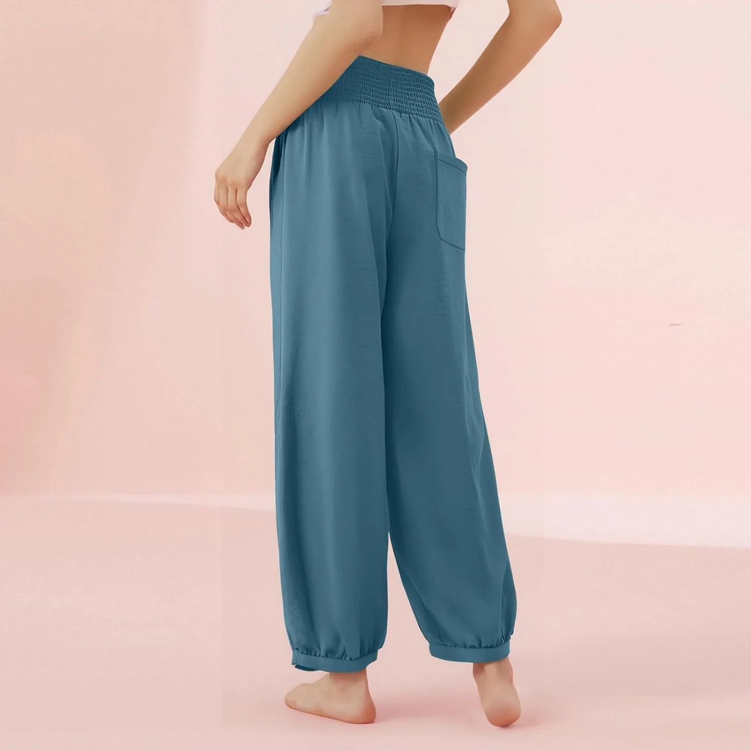 Women Linen Wide Leg Pants with Pockets Elastic Waist Loose Casual Summer Beach Vacation Solid Going Out Pants