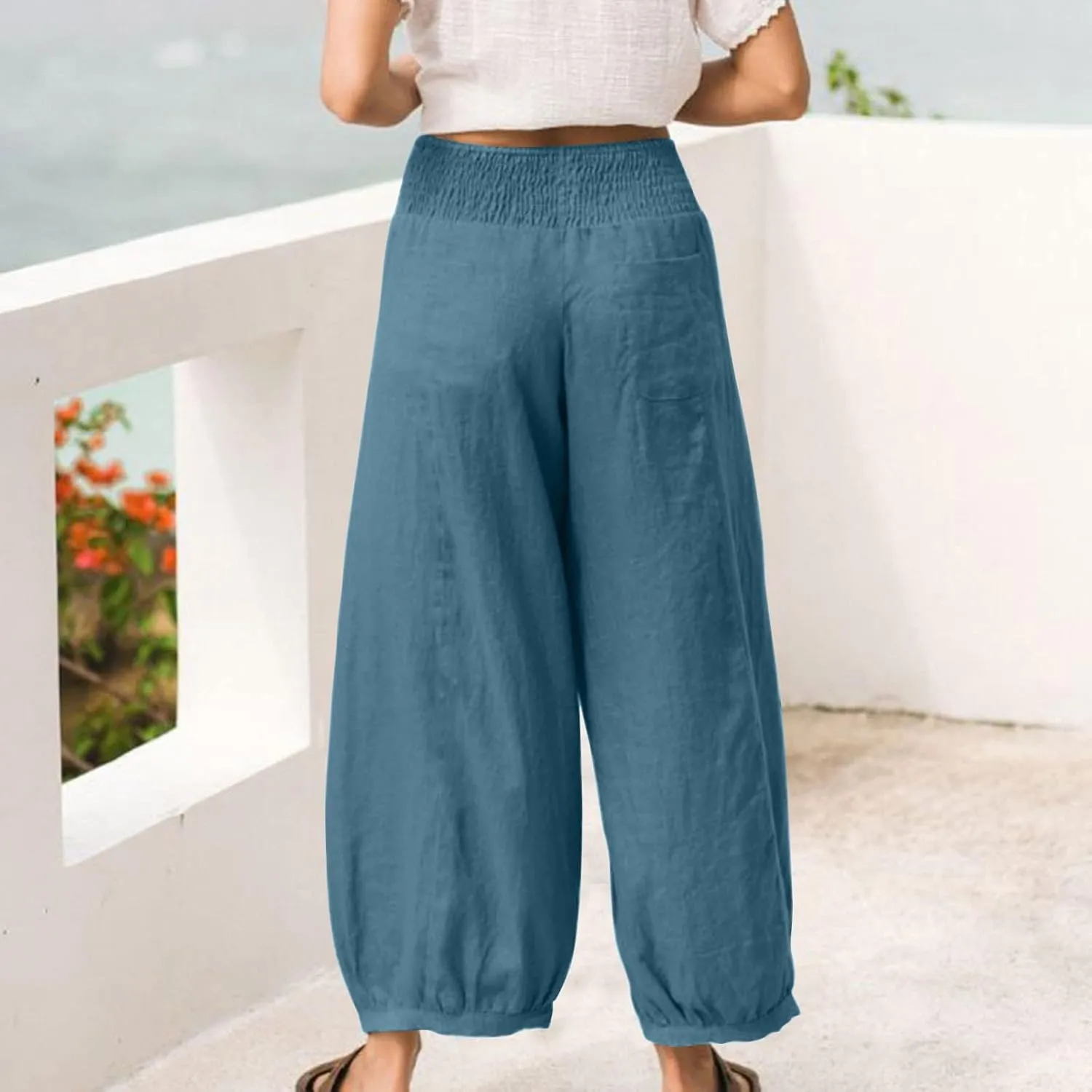 Women Linen Wide Leg Pants with Pockets Elastic Waist Loose Casual Summer Beach Vacation Solid Going Out Pants