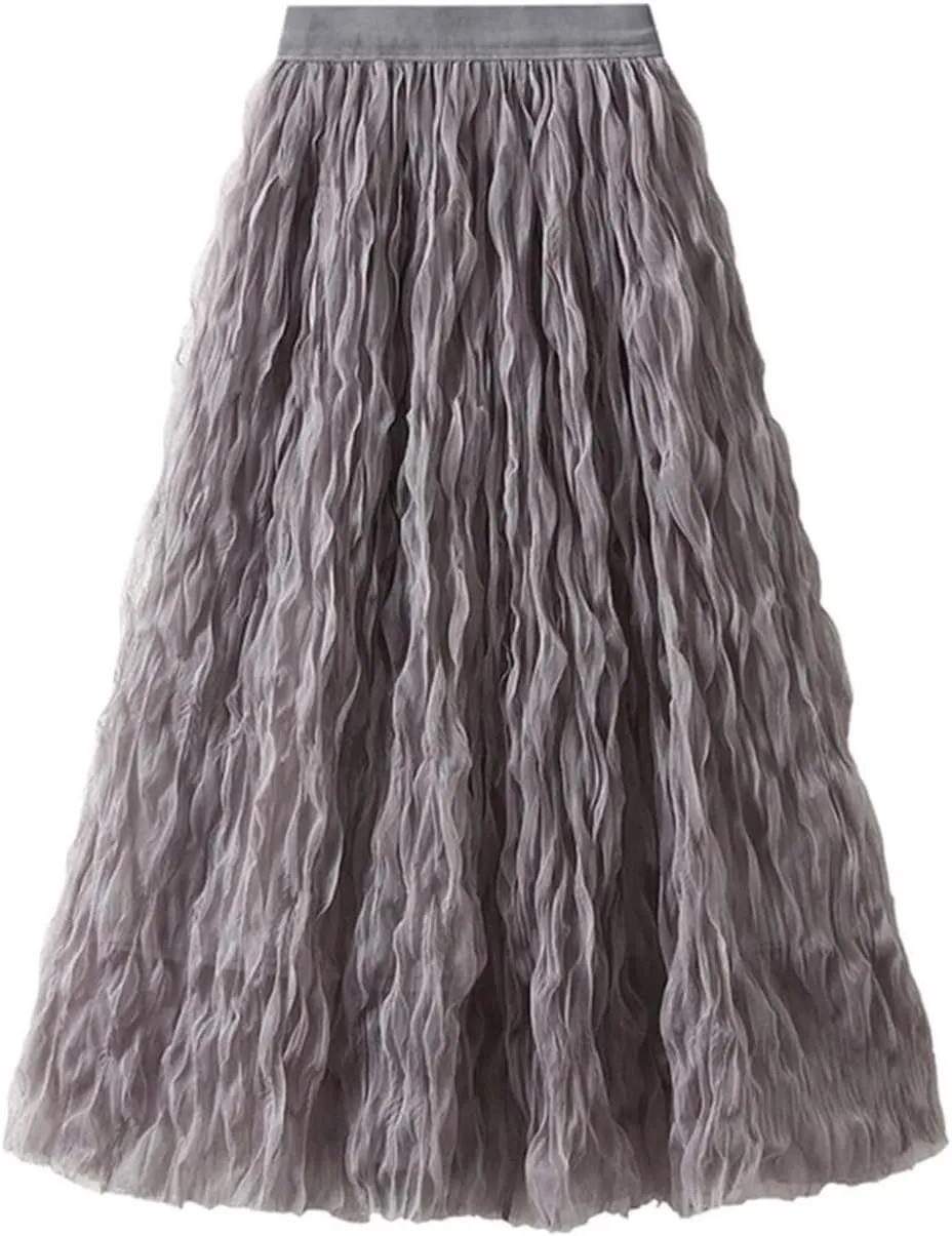 Women Pleated Skirt Big Swing Yarn Elastic Waist Solid Color Party Clothing Skirts