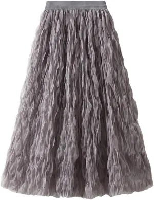 Women Pleated Skirt Big Swing Yarn Elastic Waist Solid Color Party Clothing Skirts