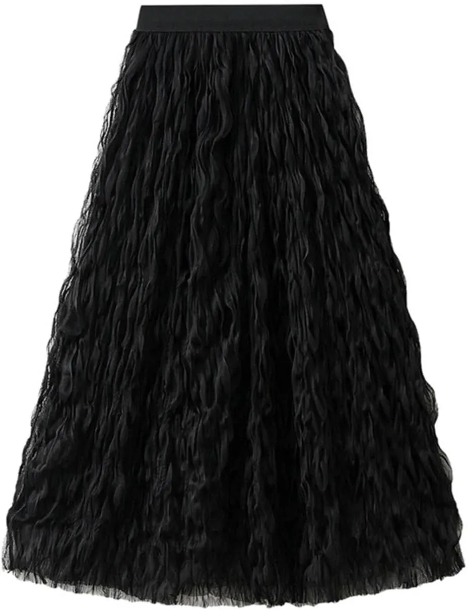 Women Pleated Skirt Big Swing Yarn Elastic Waist Solid Color Party Clothing Skirts