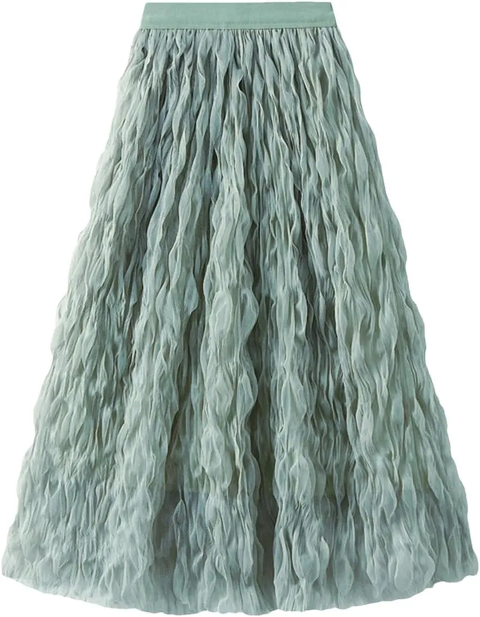 Women Pleated Skirt Big Swing Yarn Elastic Waist Solid Color Party Clothing Skirts
