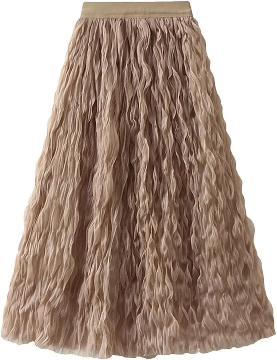 Women Pleated Skirt Big Swing Yarn Elastic Waist Solid Color Party Clothing Skirts