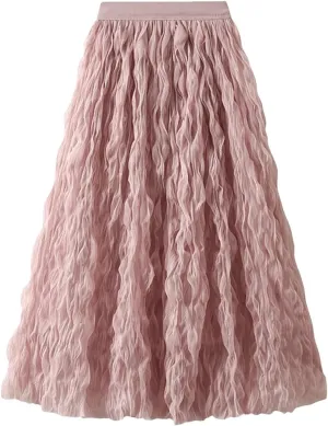 Women Pleated Skirt Big Swing Yarn Elastic Waist Solid Color Party Clothing Skirts
