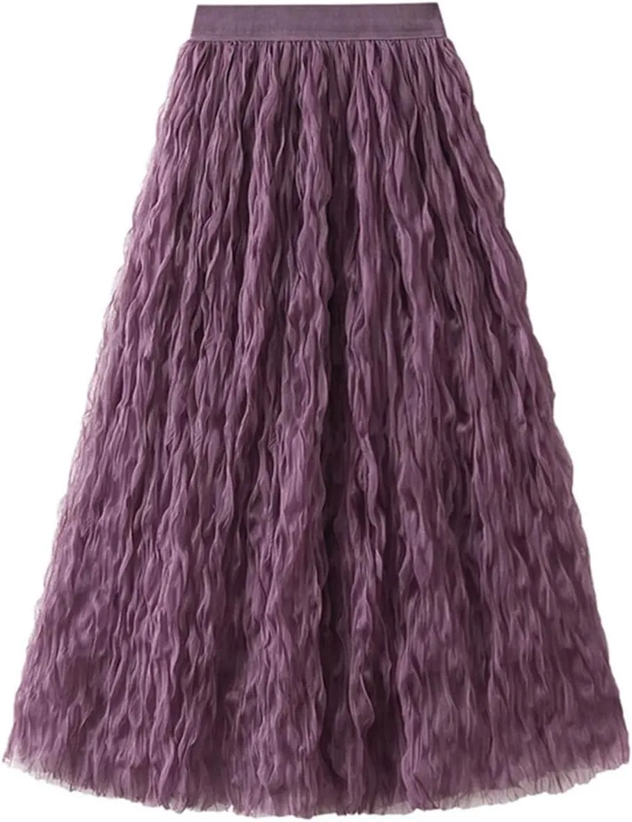 Women Pleated Skirt Big Swing Yarn Elastic Waist Solid Color Party Clothing Skirts
