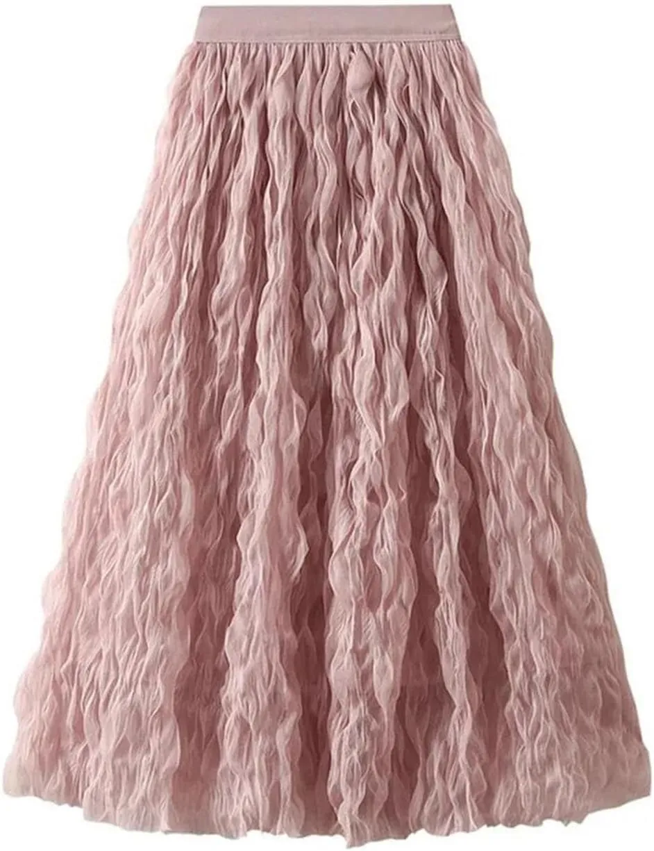 Women Pleated Skirt Big Swing Yarn Elastic Waist Solid Color Party Clothing Skirts