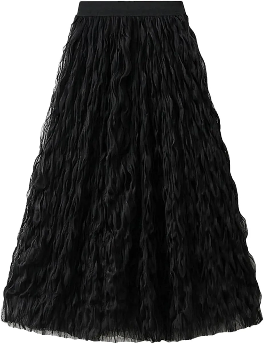 Women Pleated Skirt Big Swing Yarn Elastic Waist Solid Color Party Clothing Skirts
