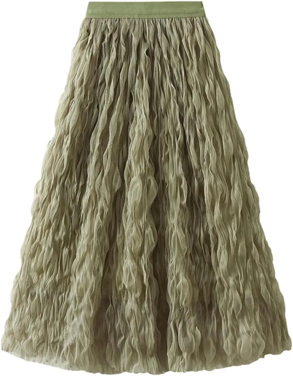 Women Pleated Skirt Big Swing Yarn Elastic Waist Solid Color Party Clothing Skirts