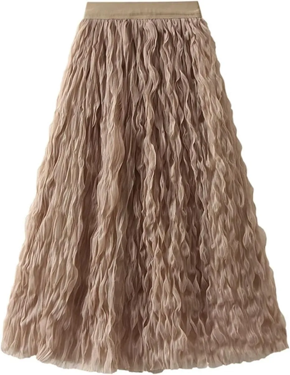 Women Pleated Skirt Big Swing Yarn Elastic Waist Solid Color Party Clothing Skirts