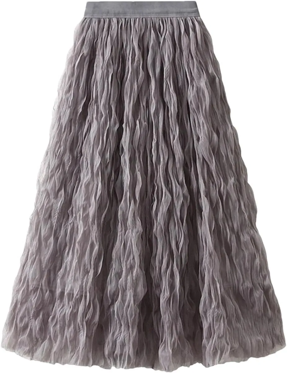 Women Pleated Skirt Big Swing Yarn Elastic Waist Solid Color Party Clothing Skirts