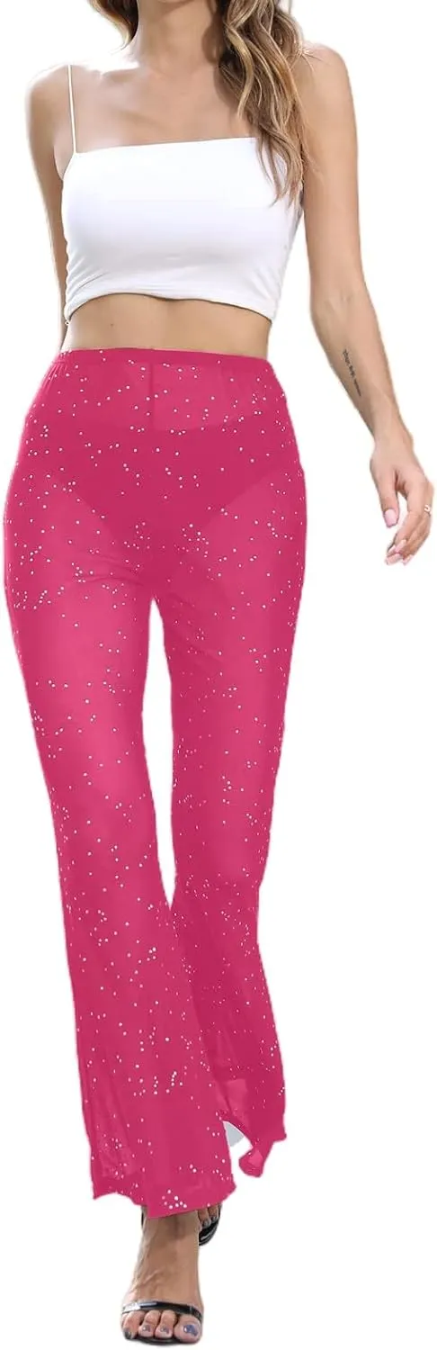 Women Rave Sheer Mesh Shiny Pants Flared High Waist Bell Bottom Pants for Party Dance Festival