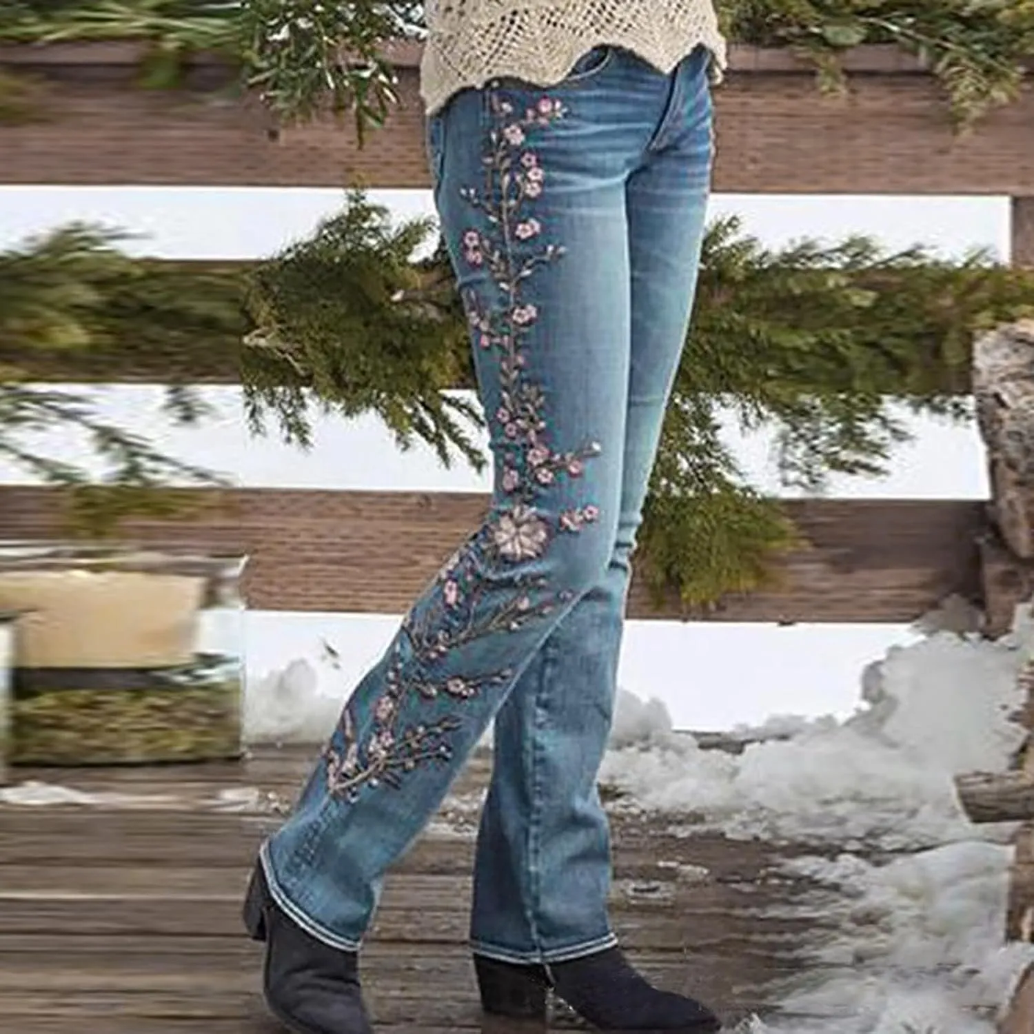 Women Retro Jeans High Waisted with Pocket Slim Fit Boot Cut Jeans for Women Flower Embroidered Jeans Trousers