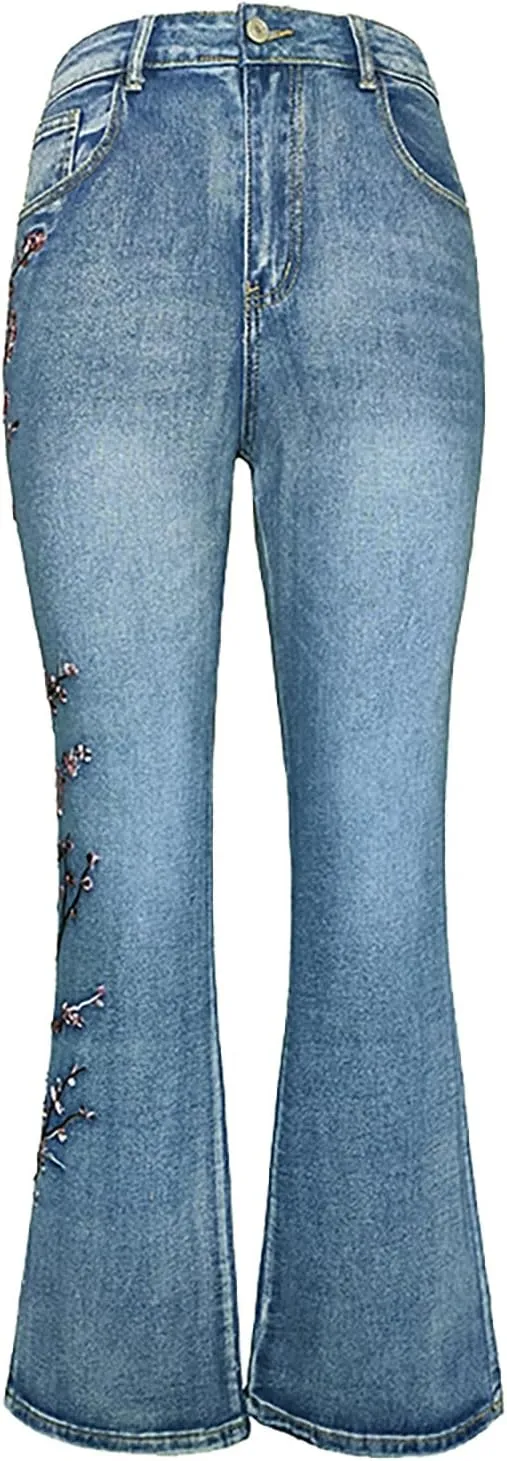 Women Retro Jeans High Waisted with Pocket Slim Fit Boot Cut Jeans for Women Flower Embroidered Jeans Trousers