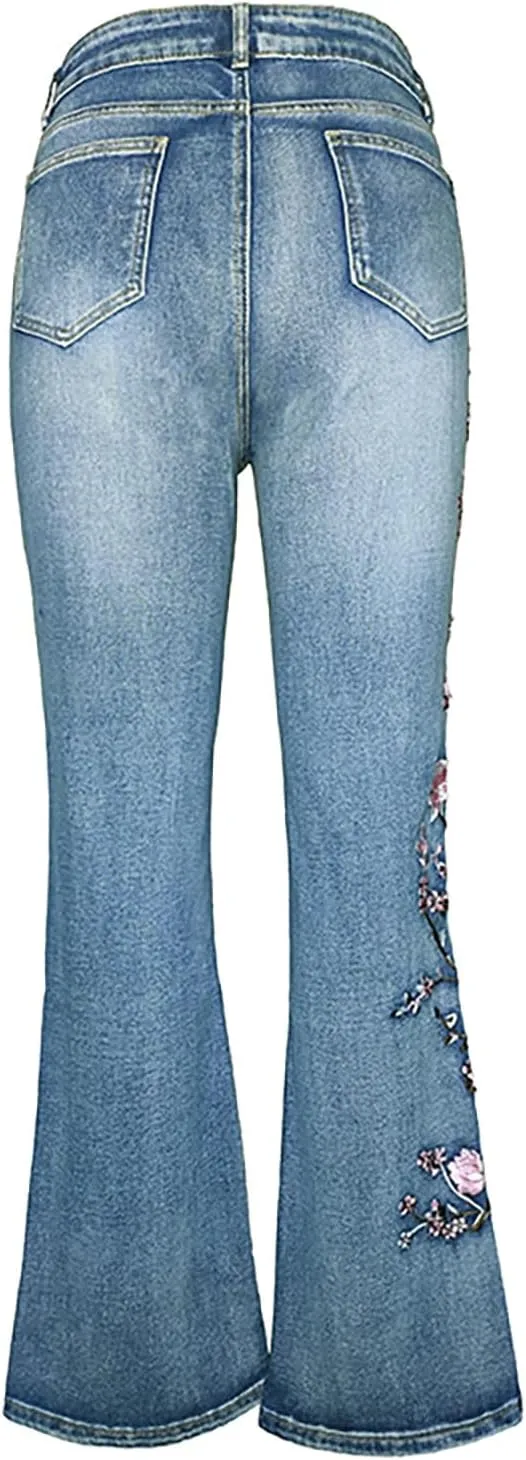 Women Retro Jeans High Waisted with Pocket Slim Fit Boot Cut Jeans for Women Flower Embroidered Jeans Trousers
