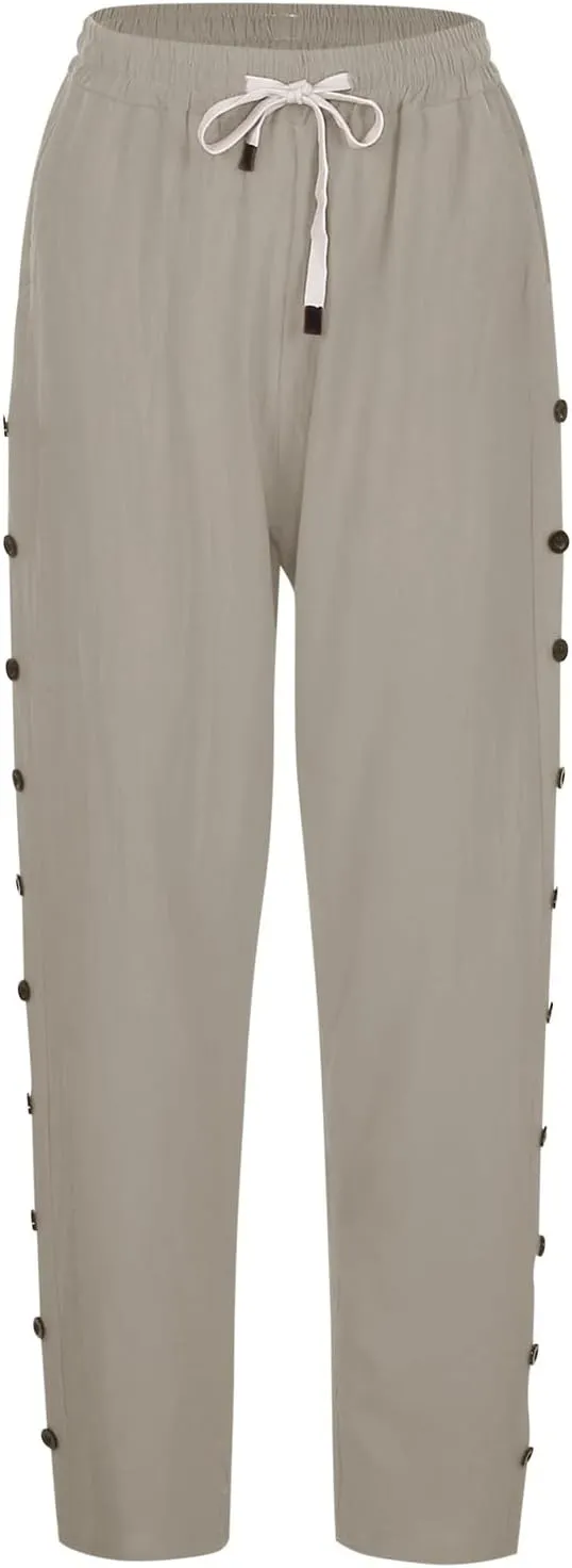 Women Solid Cotton Linen Straight Pants High Waisted Palazzo Trousers Casual Loose Elastic Wide Leg Pant for Summer Beach