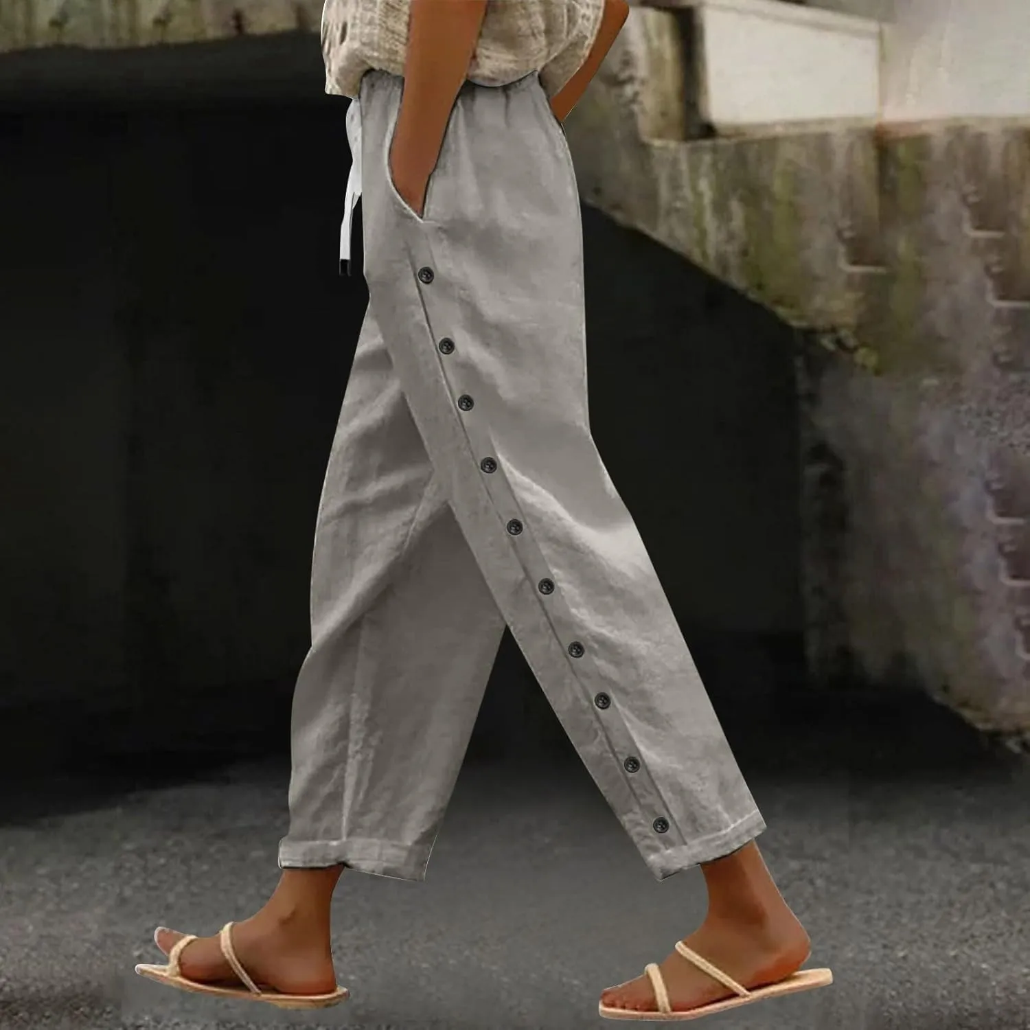 Women Solid Cotton Linen Straight Pants High Waisted Palazzo Trousers Casual Loose Elastic Wide Leg Pant for Summer Beach