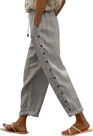 Women Solid Cotton Linen Straight Pants High Waisted Palazzo Trousers Casual Loose Elastic Wide Leg Pant for Summer Beach