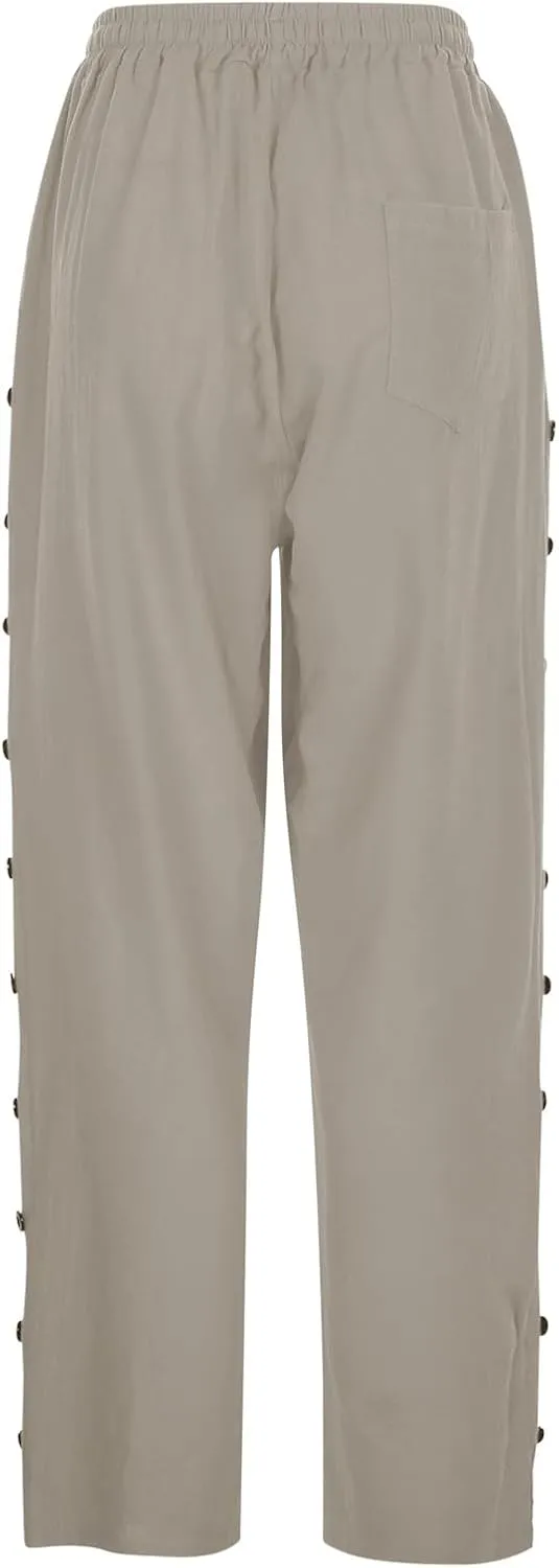 Women Solid Cotton Linen Straight Pants High Waisted Palazzo Trousers Casual Loose Elastic Wide Leg Pant for Summer Beach