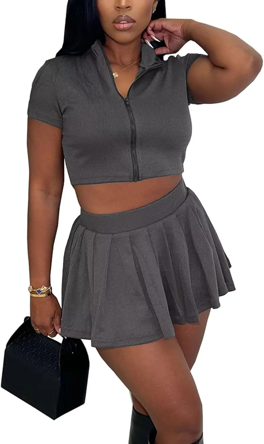 Women Two Piece Skirt Set Zip Up Crop Tops Mini Skirts Casual Dress Matching Set