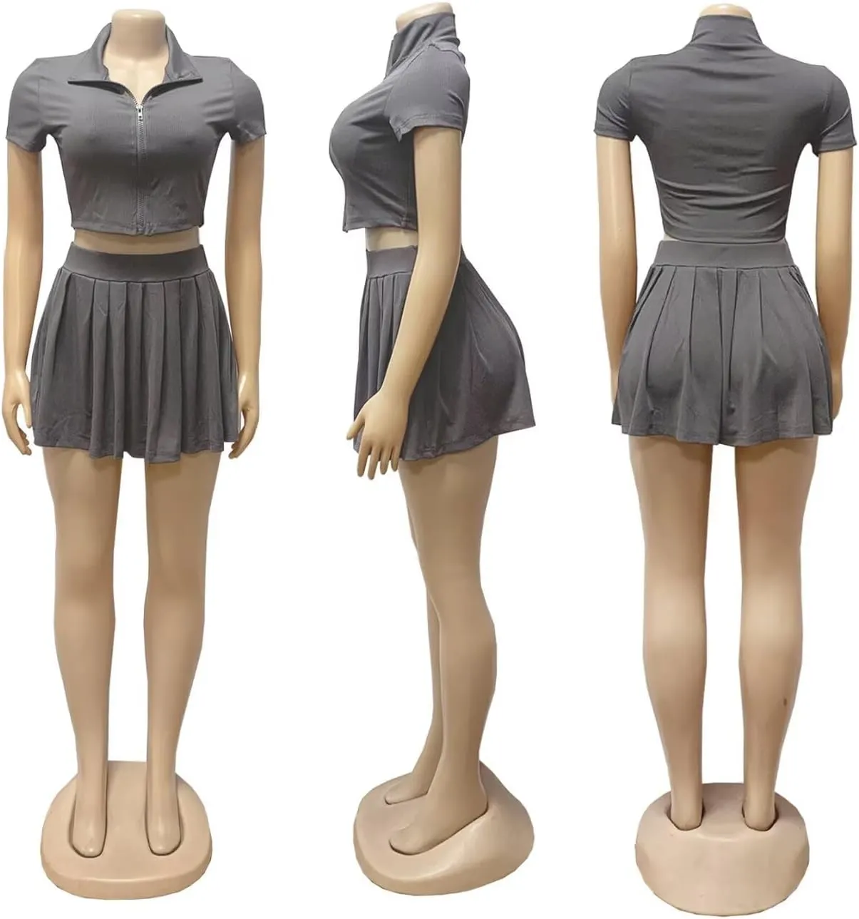 Women Two Piece Skirt Set Zip Up Crop Tops Mini Skirts Casual Dress Matching Set