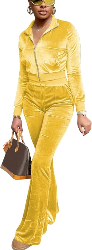 Women Velour Sweat Suits 2 Piece Outfits Tracksuits Long Sleeve Zip Up Jacket Flare Pants Cute Casual Matching Suit