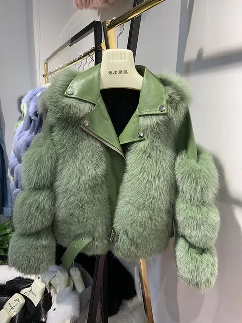 Women'a Authentic Fur & Genuine Leather Zip Up Jacket